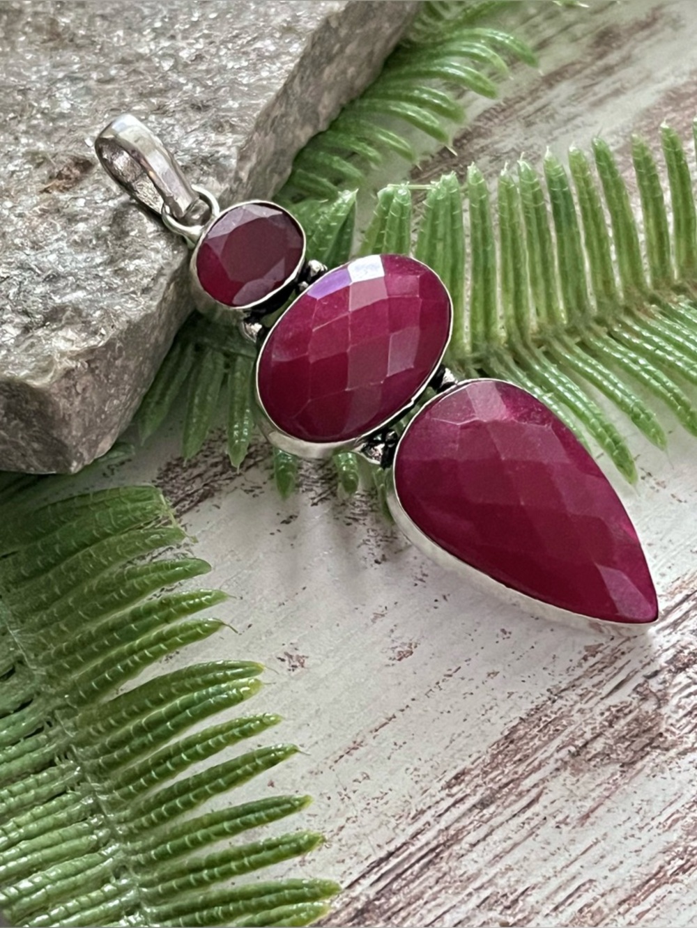 Large XL 3-Stone Simulated Ruby Sterling Silver 3” Pendant